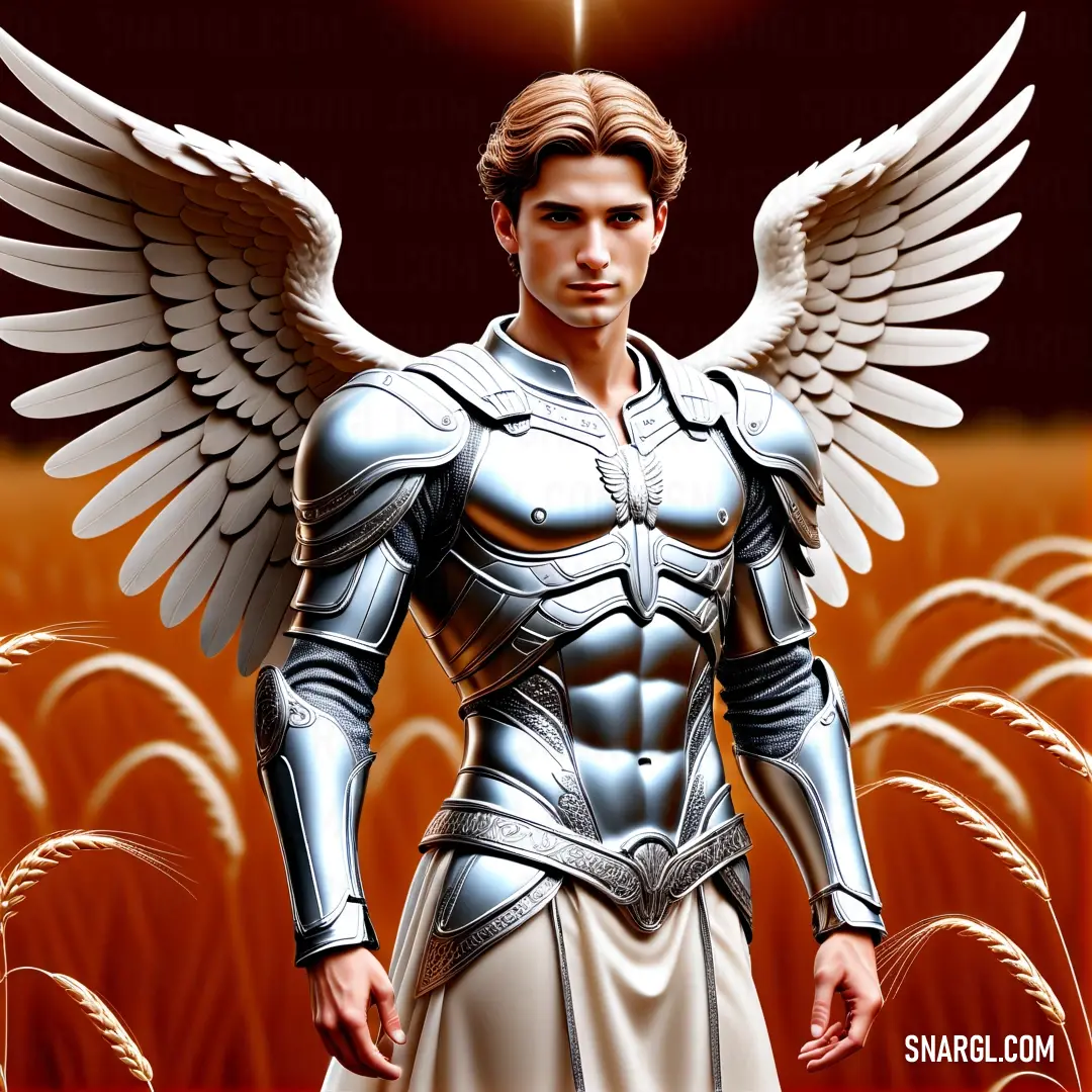 Angel in a armor with wings standing in a field of wheat with a halo above his head