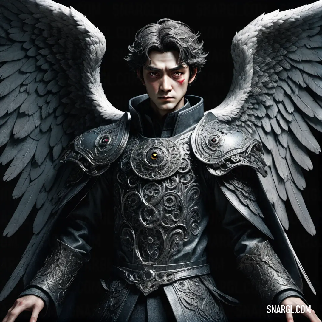 Angel in a black suit with wings on his chest and a black background