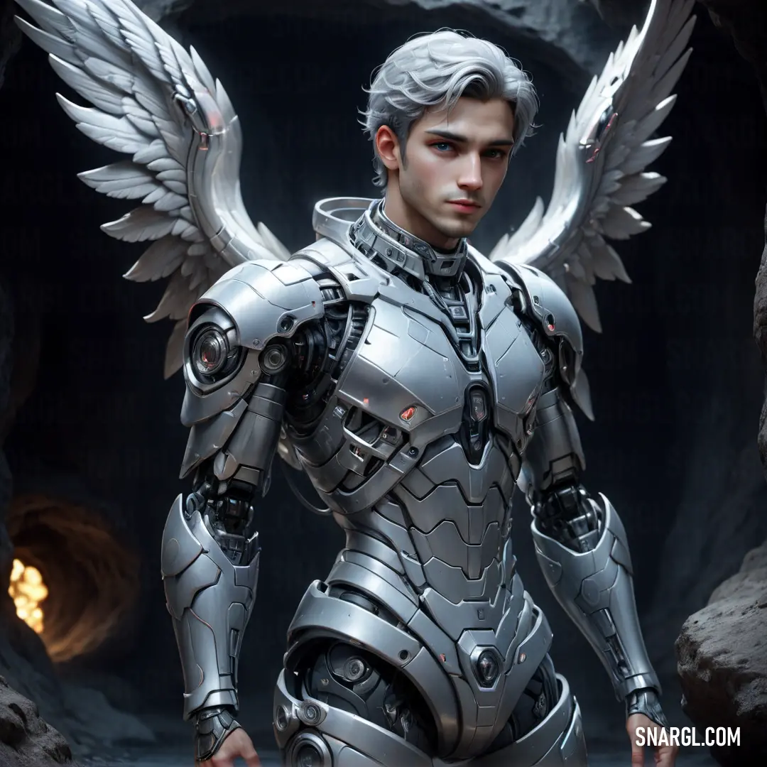 Angel in a futuristic suit with wings on his chest