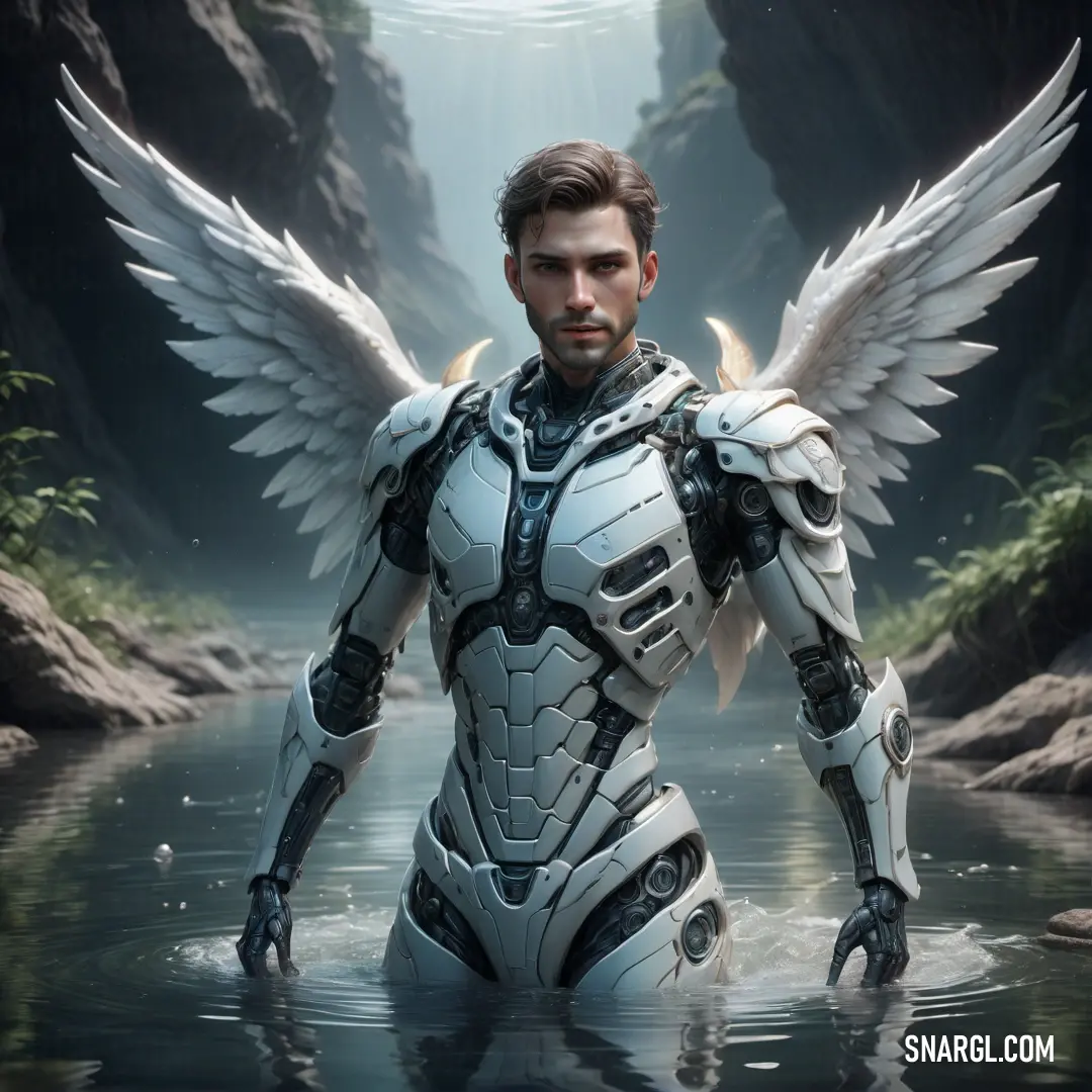 Angel in a futuristic suit with wings standing in water with rocks and a waterfall in the background