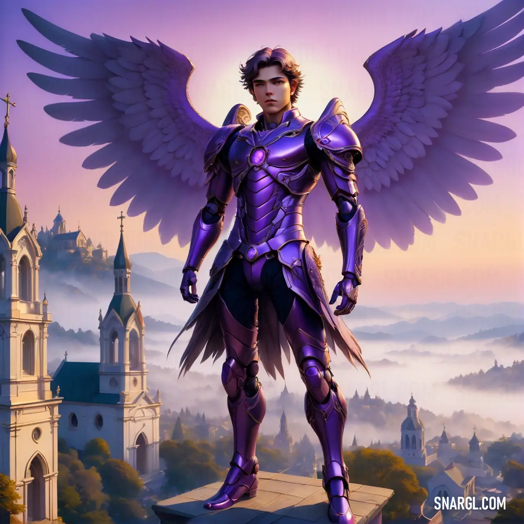 Angel in a purple suit with wings standing on a ledge in front of a castle with a spire