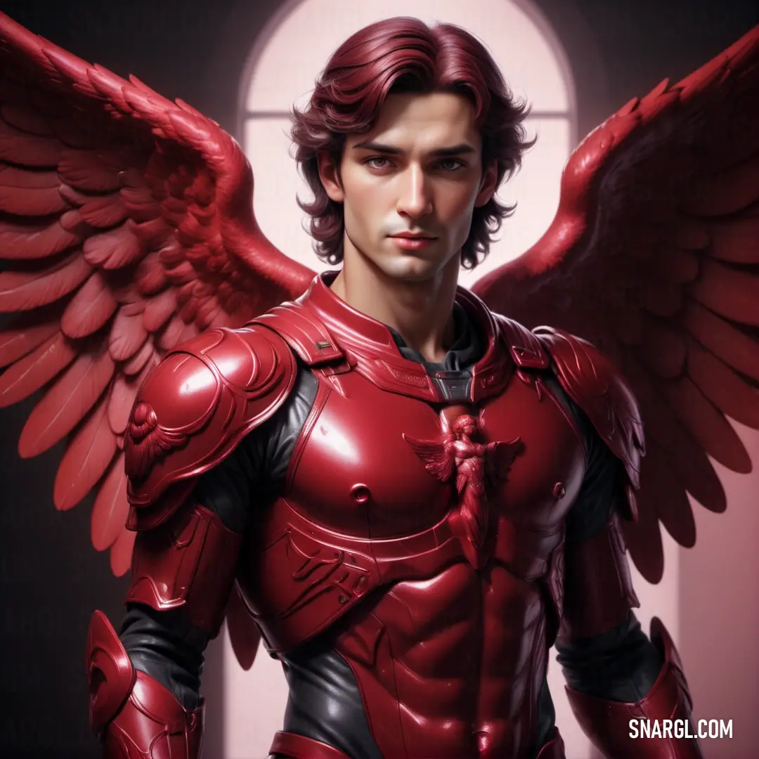 Angel in a red suit with wings on his chest