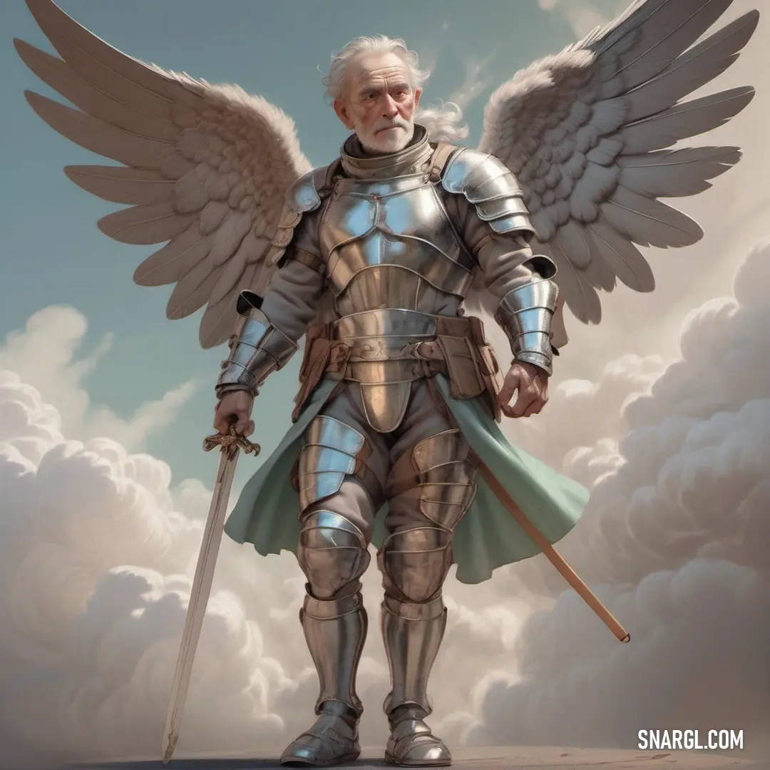 Angel in armor with wings and a sword standing in front of clouds with clouds behind him