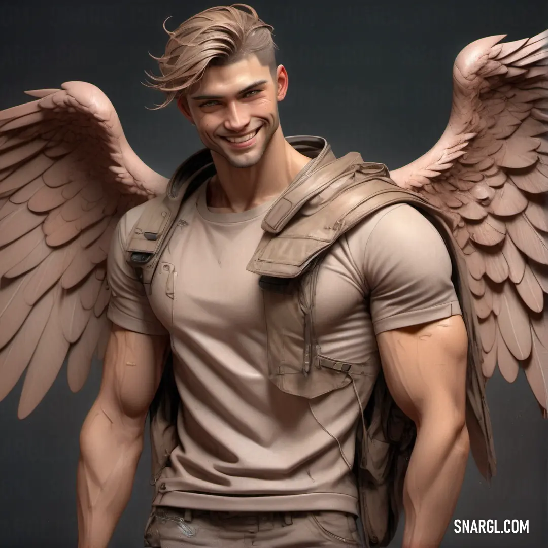 Angel with a backpack and wings on his back is smiling at the camera while wearing a backpack