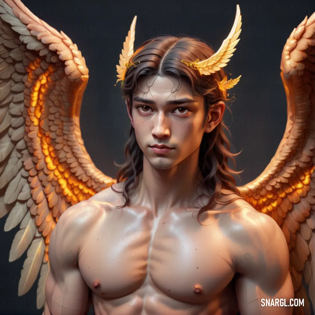 Angel with a large angel like head and wings on his head and chest