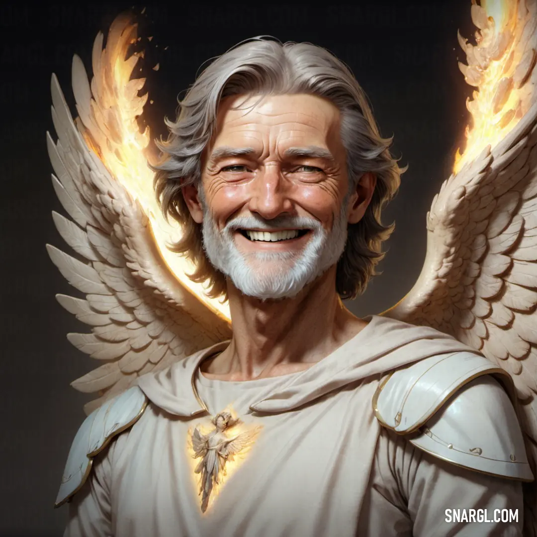 Angel with a white beard and a white beard and white hair and wearing a white robe and wings