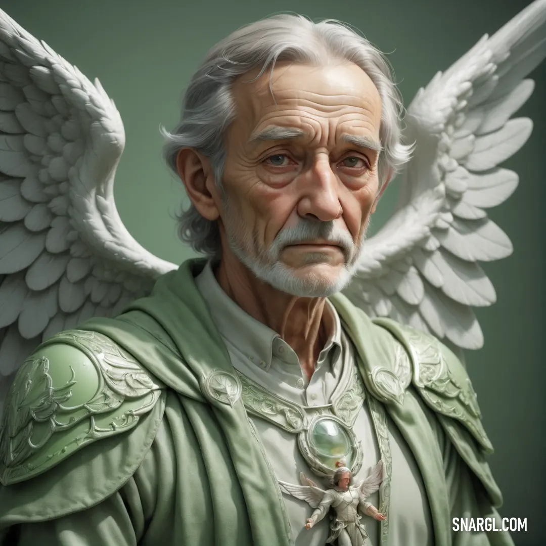 Angel with a white beard and a green coat with wings on his head and a green coat with a white beard