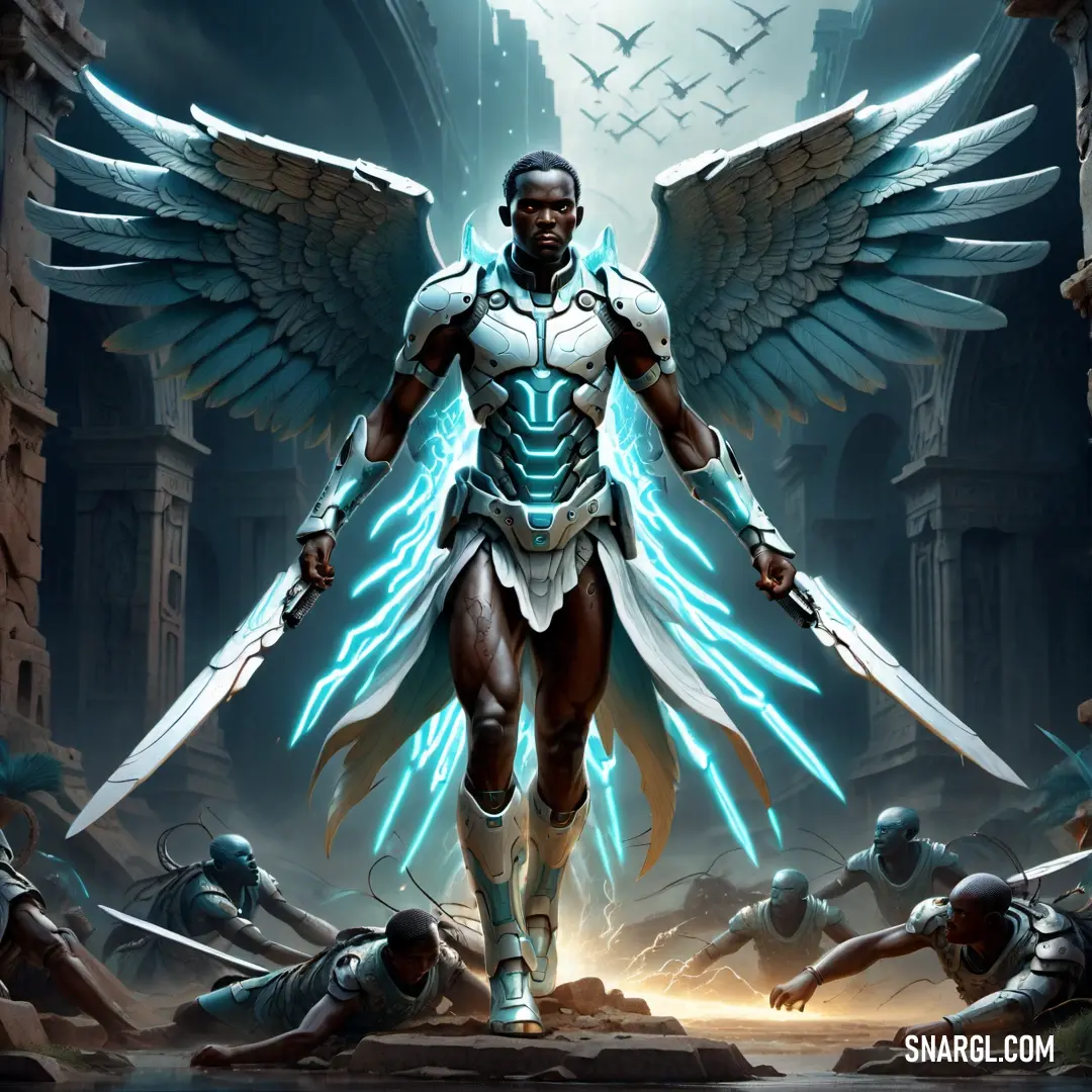 Angel with wings and armor standing in front of a group of men with swords in his hands and two of them holding swords