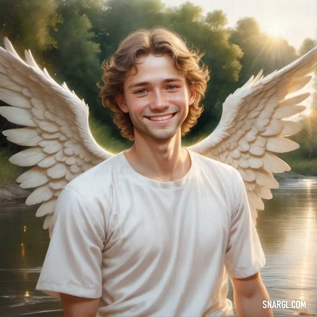 Angel with wings on his chest smiling at the camera with a river in the background