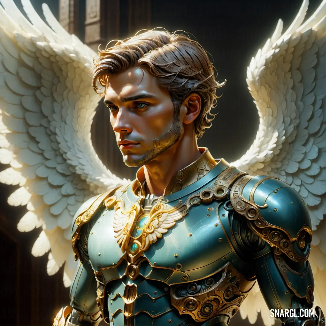Angel with wings on his chest and a suit of armor on his chest