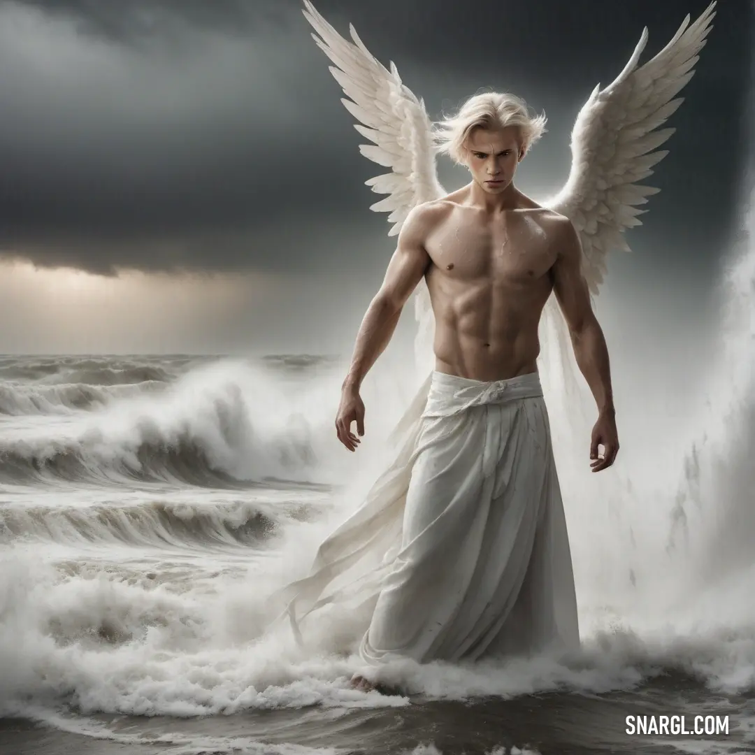Angel with wings standing in the water with a storm in the background and a stormy sky above him