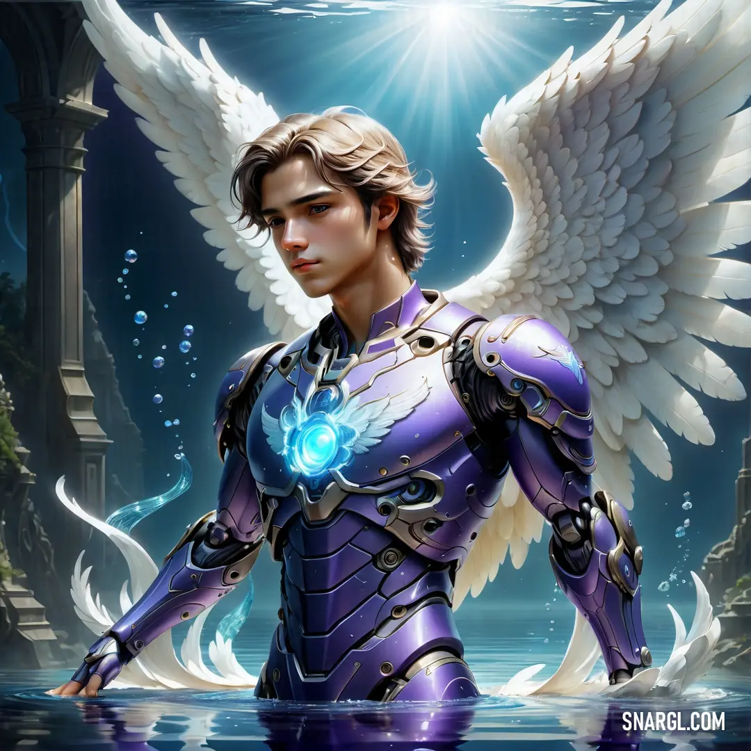 Angel with wings standing in water with a halo around his neck and chest