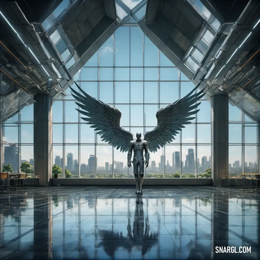 Angel with wings standing in a large room with large windows and a city view behind him in the background