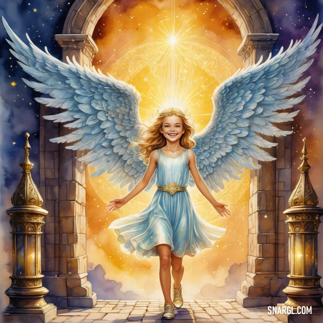 Painting of a girl with angel wings in a doorway with a star above her head and a lantern in the background