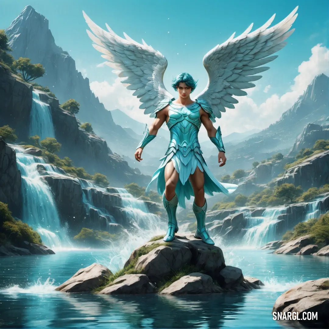 Painting of a male Angel with wings standing on a rock in front of a waterfall and waterfall