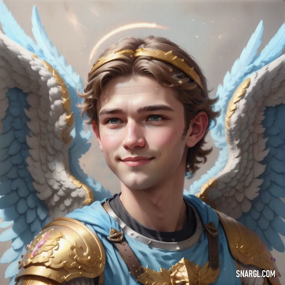 Painting of a male Angel with wings on his head and a halo around his neck and shoulders