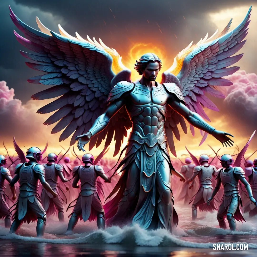Painting of a male Angel with wings and armor standing in front of a group of other men in the water
