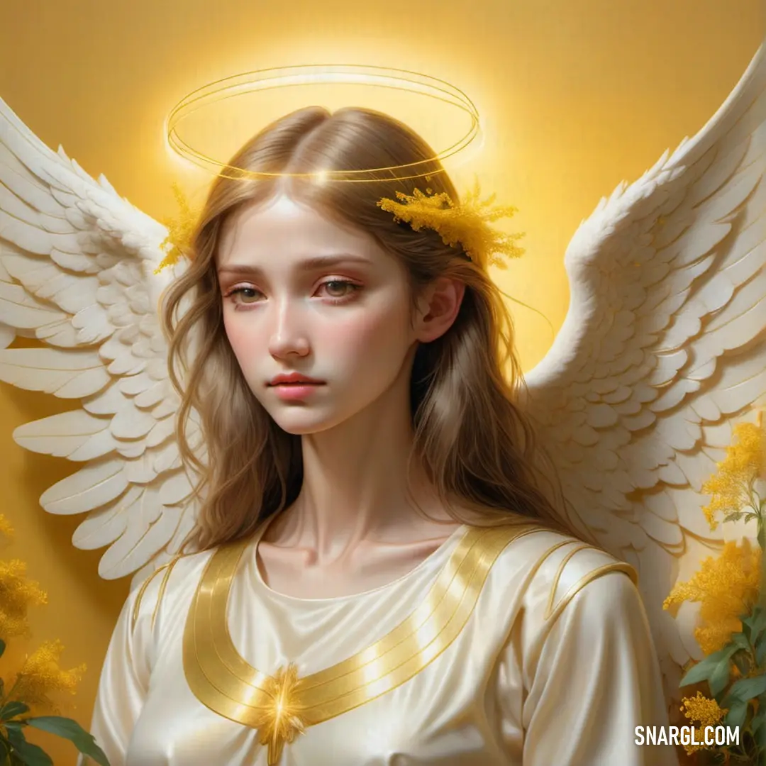 Painting of a female Angel with angel wings and flowers in front of her face and a yellow background behind her