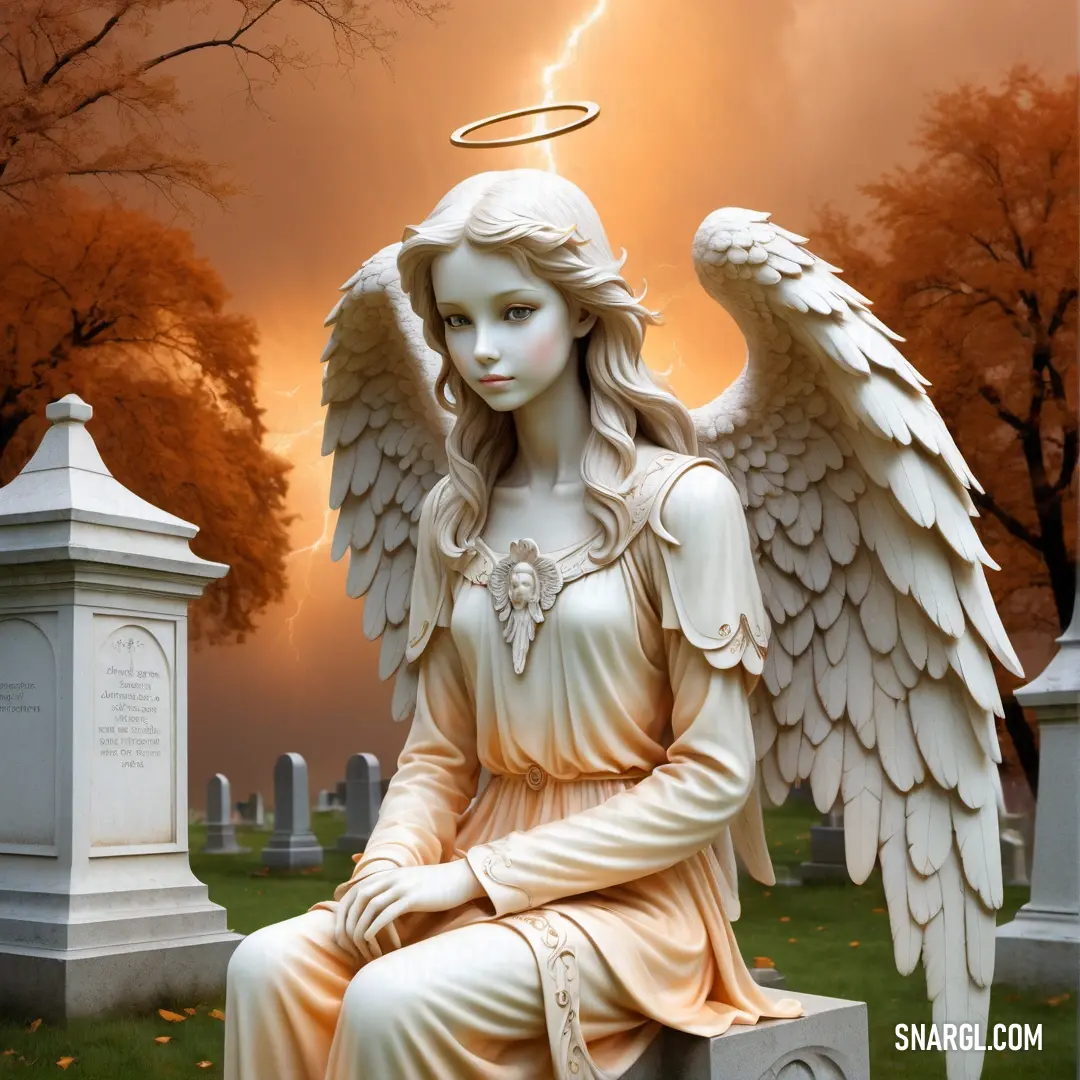 Statue of a female Angel with a halo on a grave in a cemetery with a lightning bolt in the background