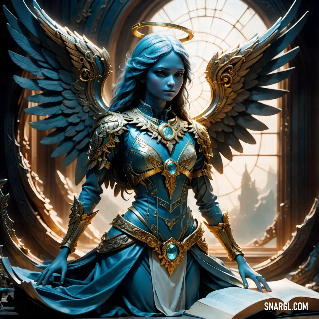 Angel dressed in a blue outfit with wings and a book in her hands