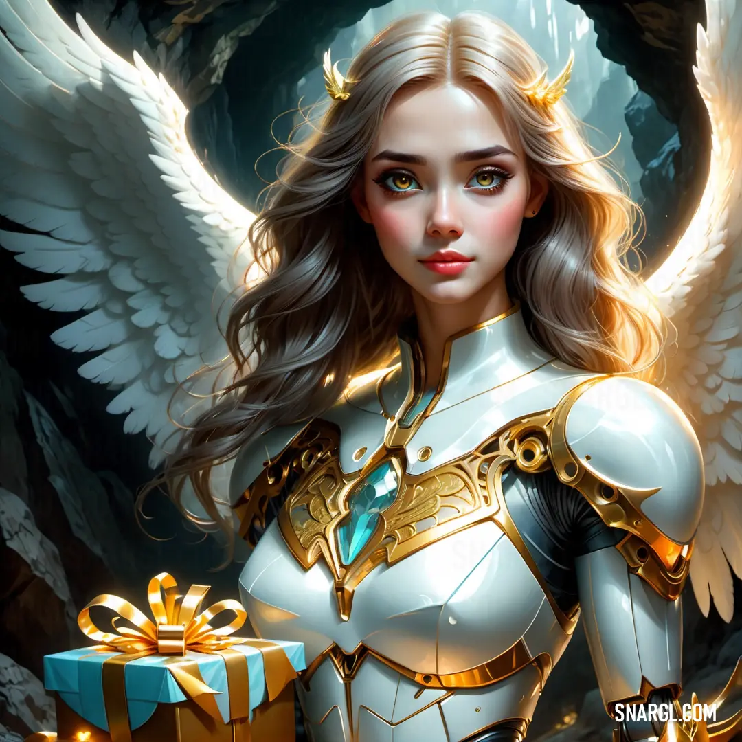 Angel dressed in a white outfit with wings and a gift box in her hand