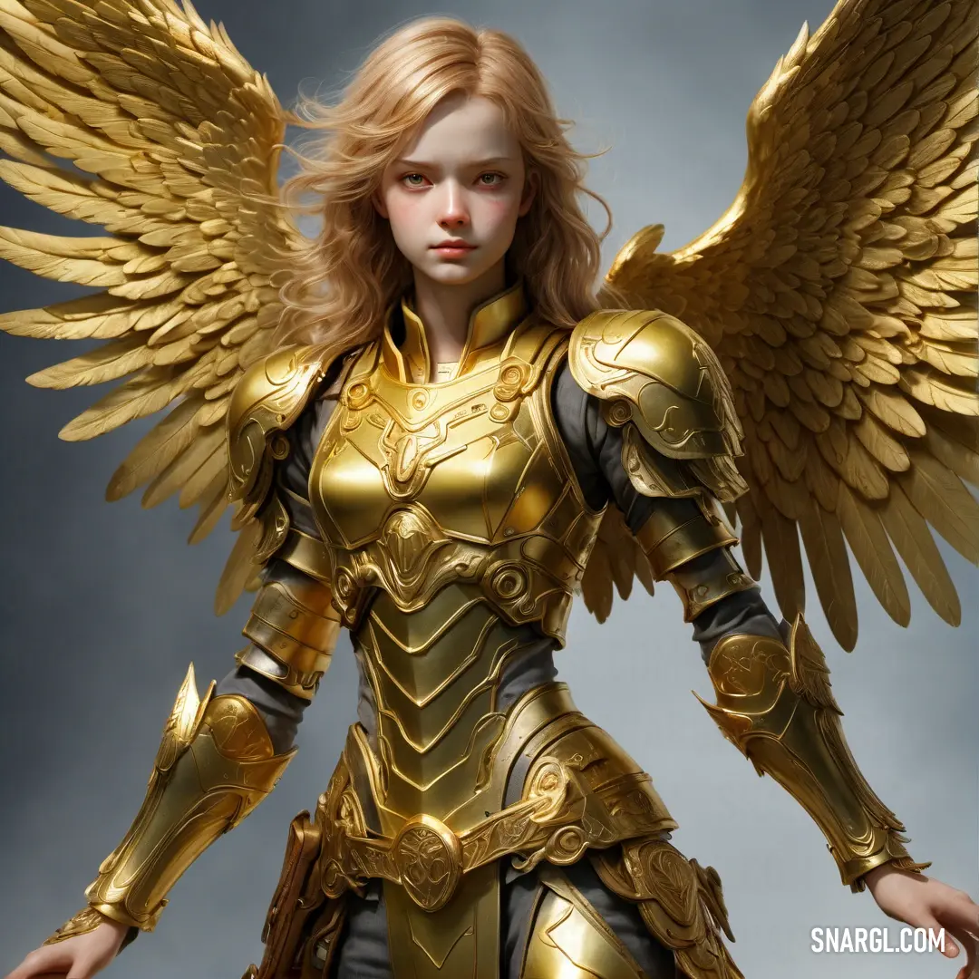 Angel dressed in gold with wings on her chest