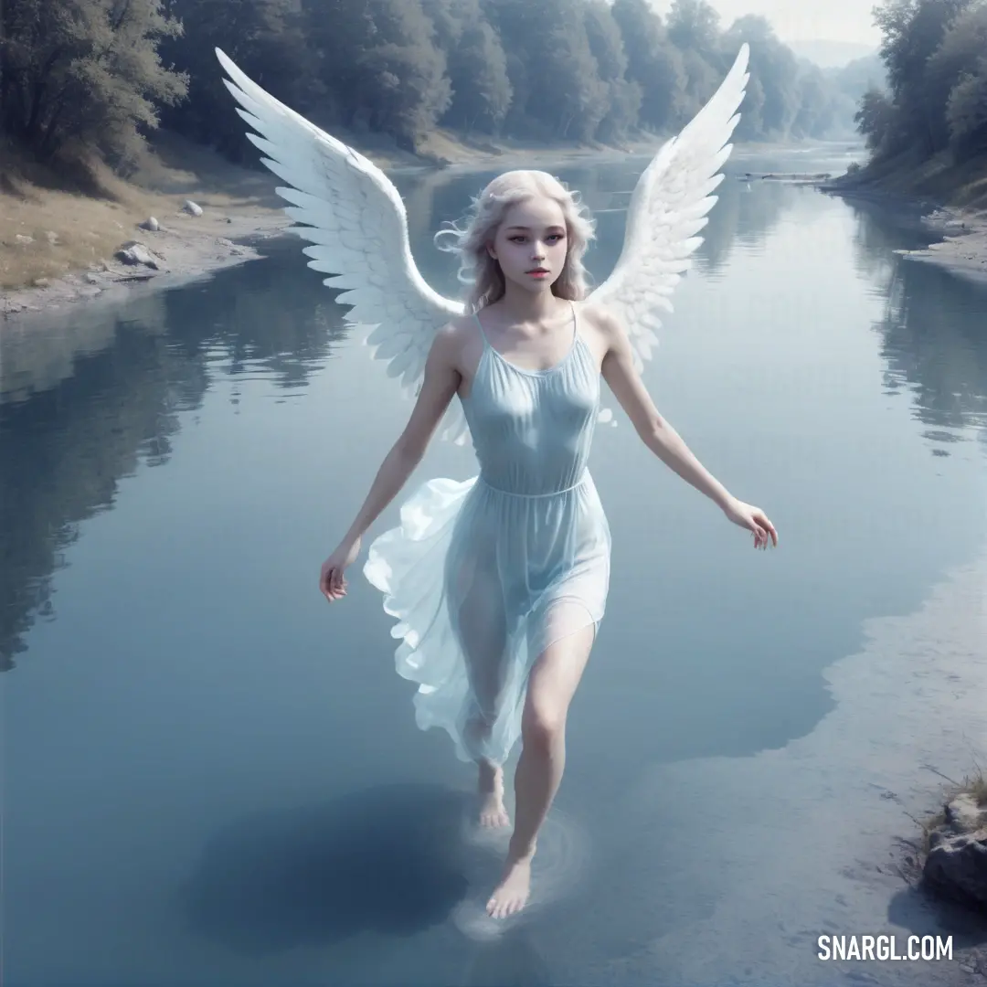 Angel in a blue dress with wings walking along a river bank with trees in the background and a river running through the center