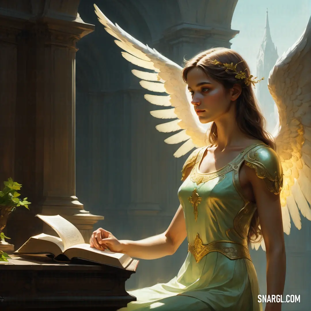 Angel in a green dress next to a book and an angel with wings on her head