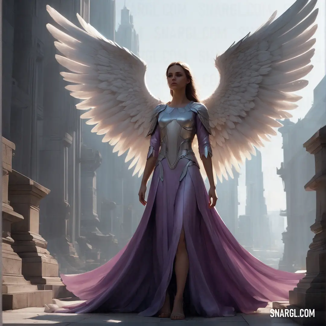 Angel in a purple dress with angel wings on her shoulders
