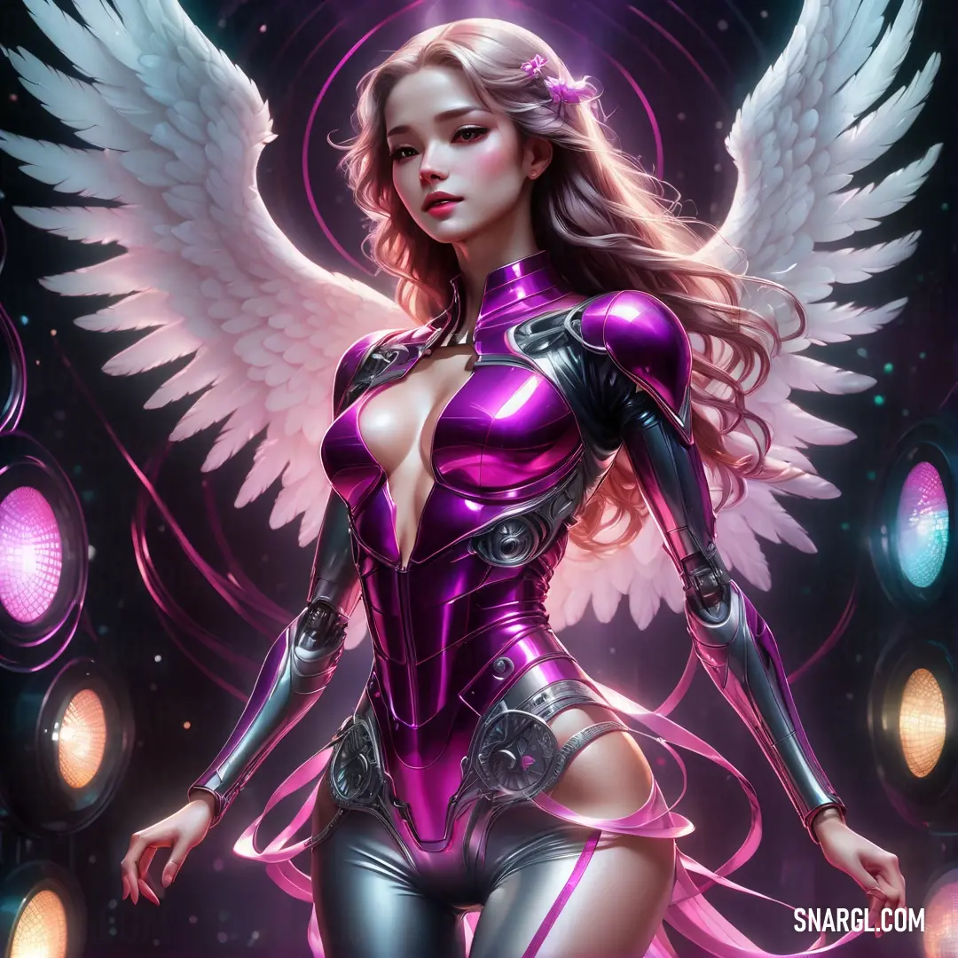 Angel in a purple outfit with angel wings on her chest and a purple background with lights around her