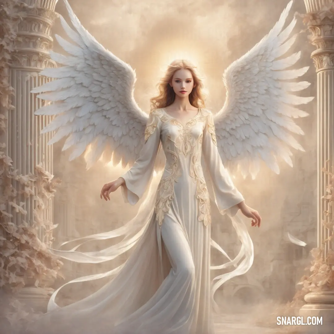 Angel in a white dress with angel wings on her shoulders and a halo around her neck