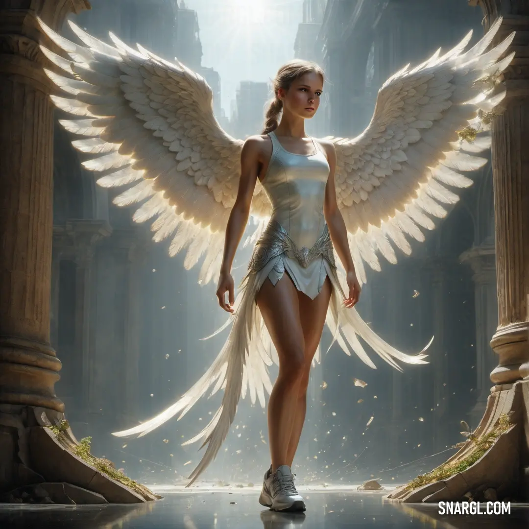 Angel in a white dress with wings on her body