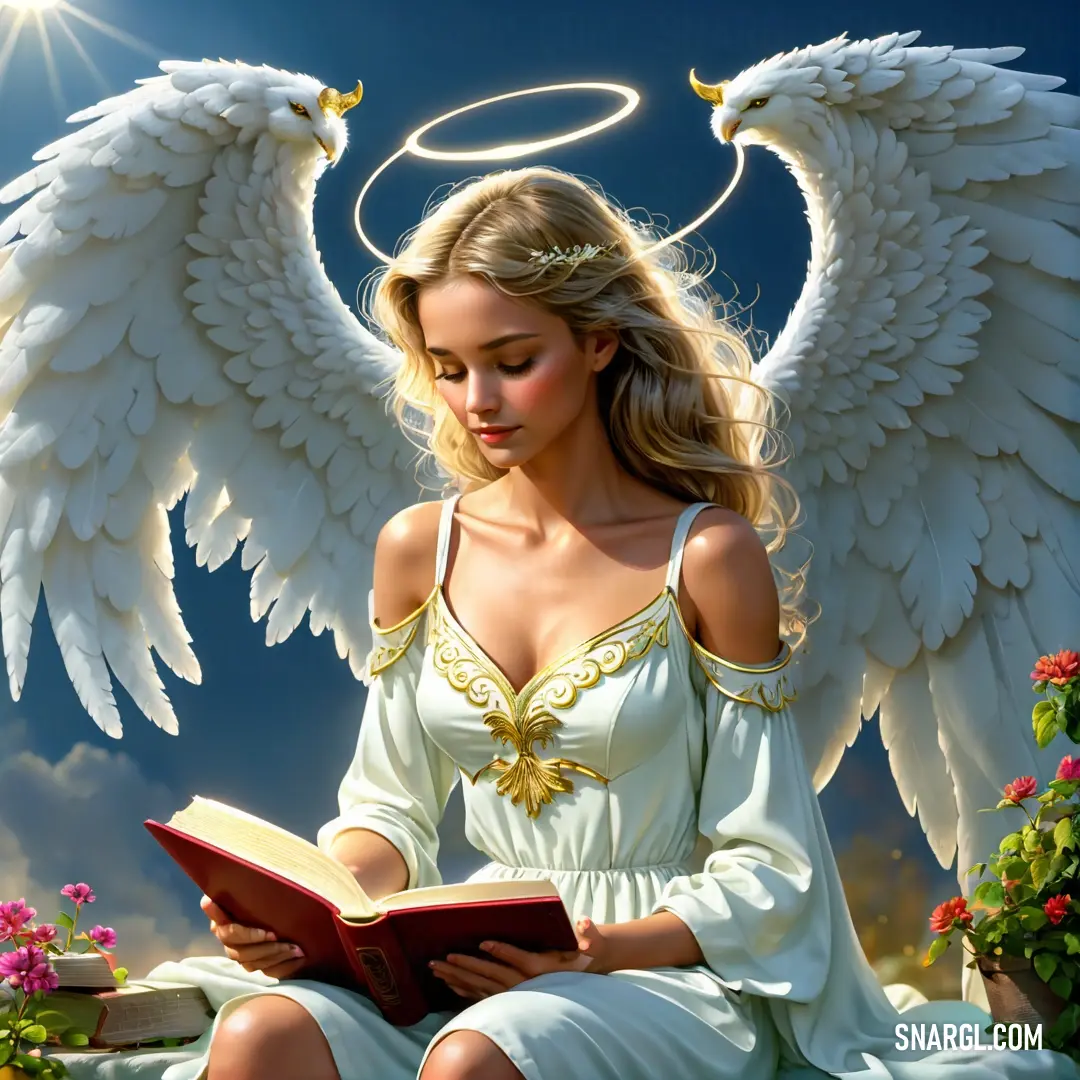 Angel on a bench reading a book with angel wings above her head