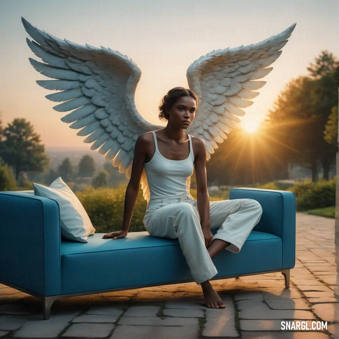 Angel on a couch with wings on it's back and a sun setting behind her