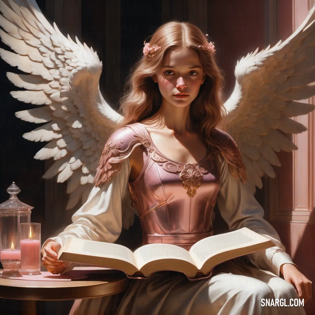 Angel on a table with an open book in her hands and wings on her head