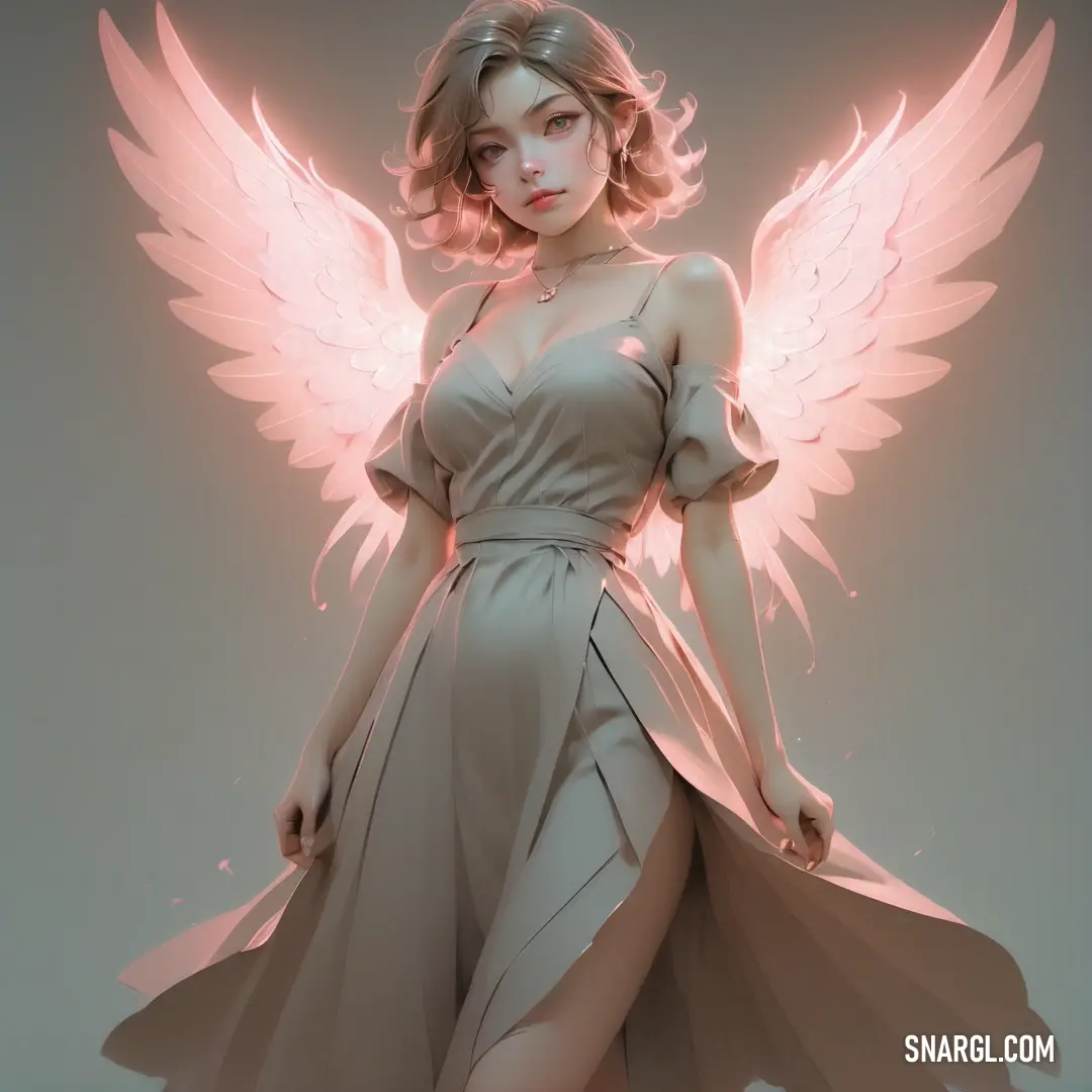 Angel with a dress and wings on her body is standing in front of a white background with a pink light