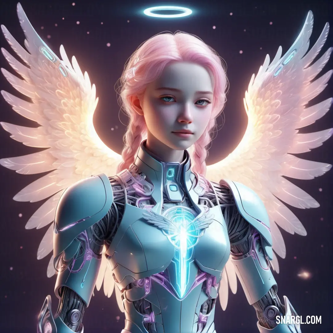 Angel with angel wings holding a sword in her hands and a halo above her head