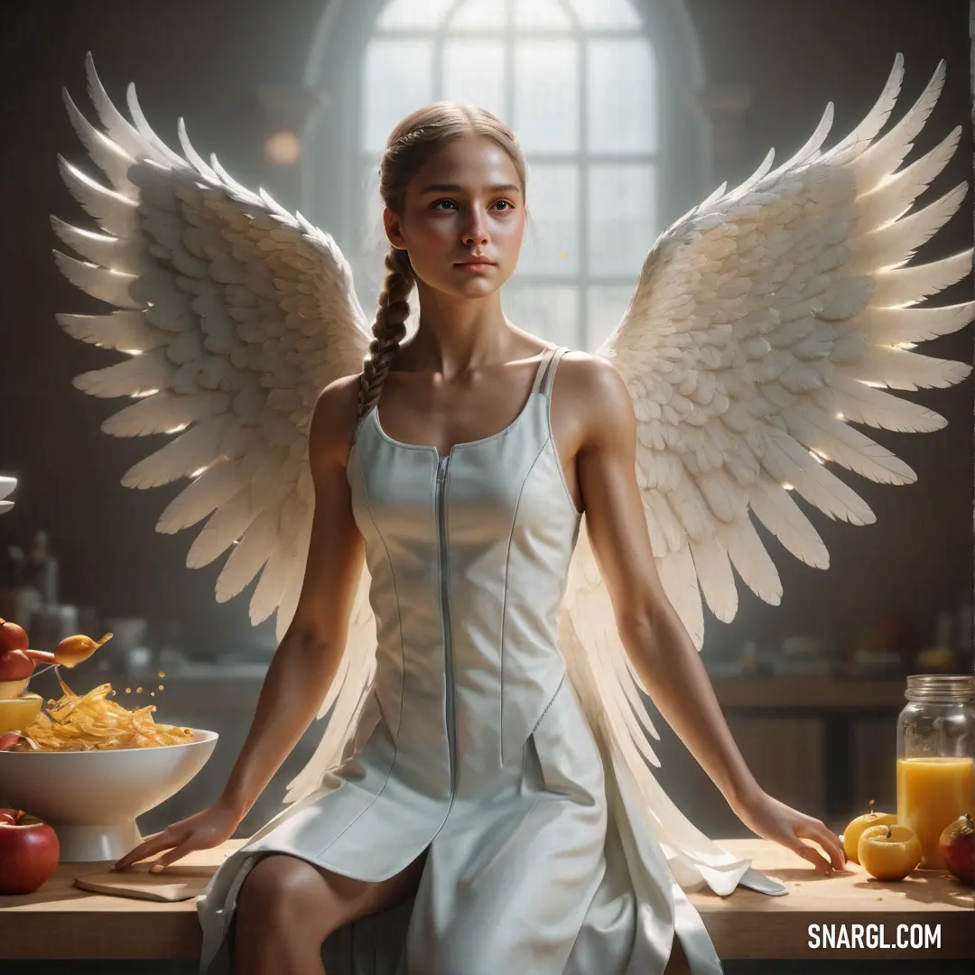 Angel with angel wings on a table with a bowl of fruit