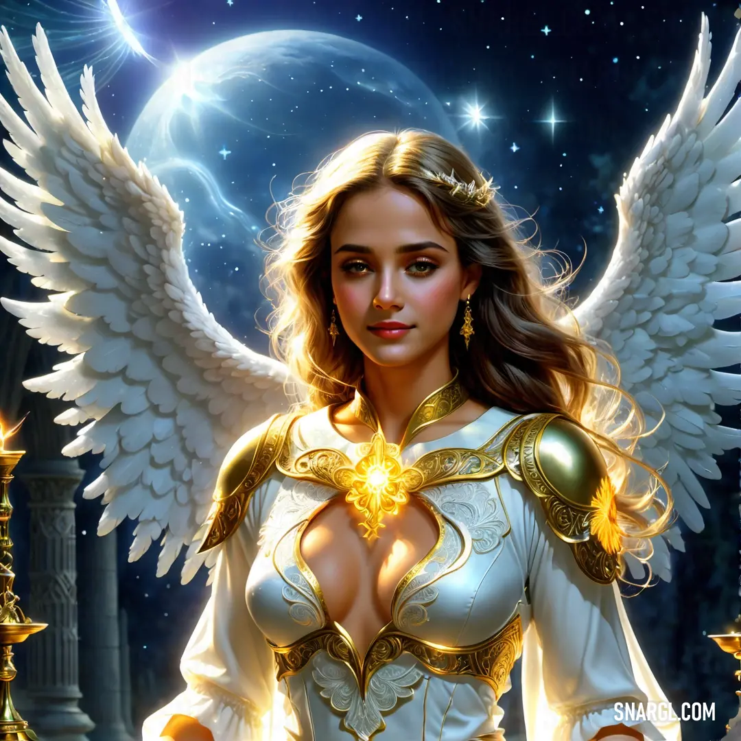 Angel with angel wings and a golden halo around her neck and chest