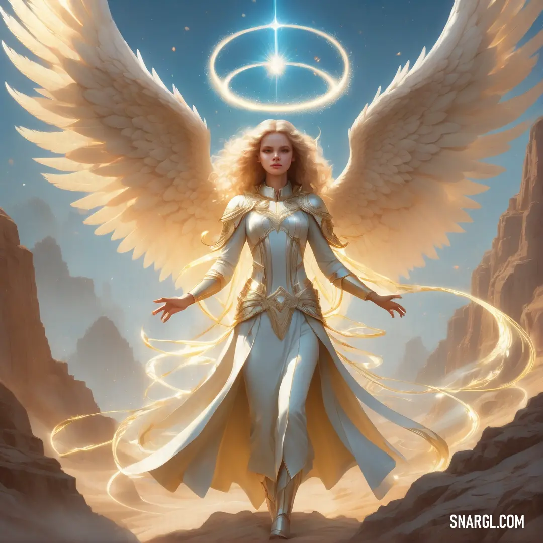 Angel with angel wings standing in a desert area with a ring in her hand and a star above her head