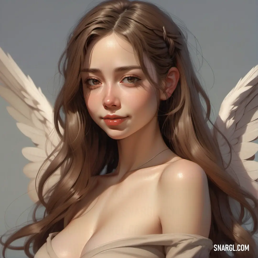Angel with long hair and angel wings on her chest