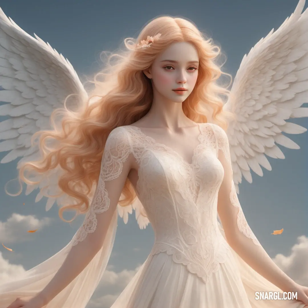 Angel with long hair and wings standing in the sky with her hands on her hips and her arms behind her back