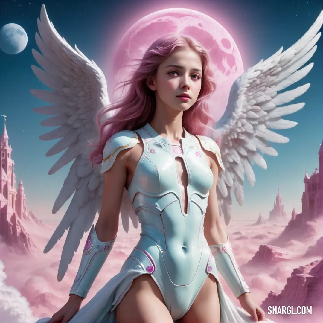 Angel with pink hair and wings on a rock with a pink moon in the background