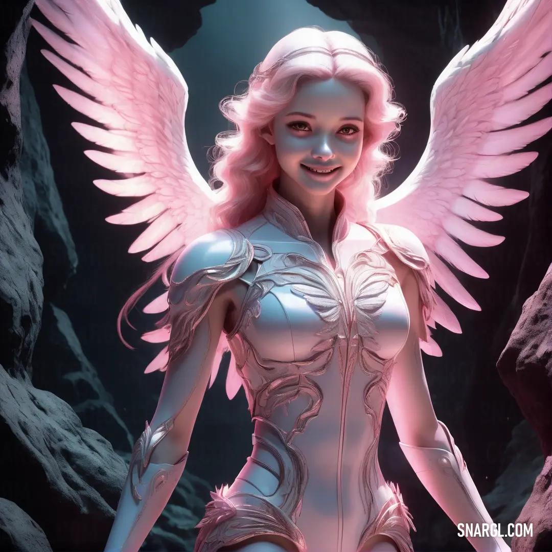 Angel with pink hair and wings standing in a cave with a moon behind her