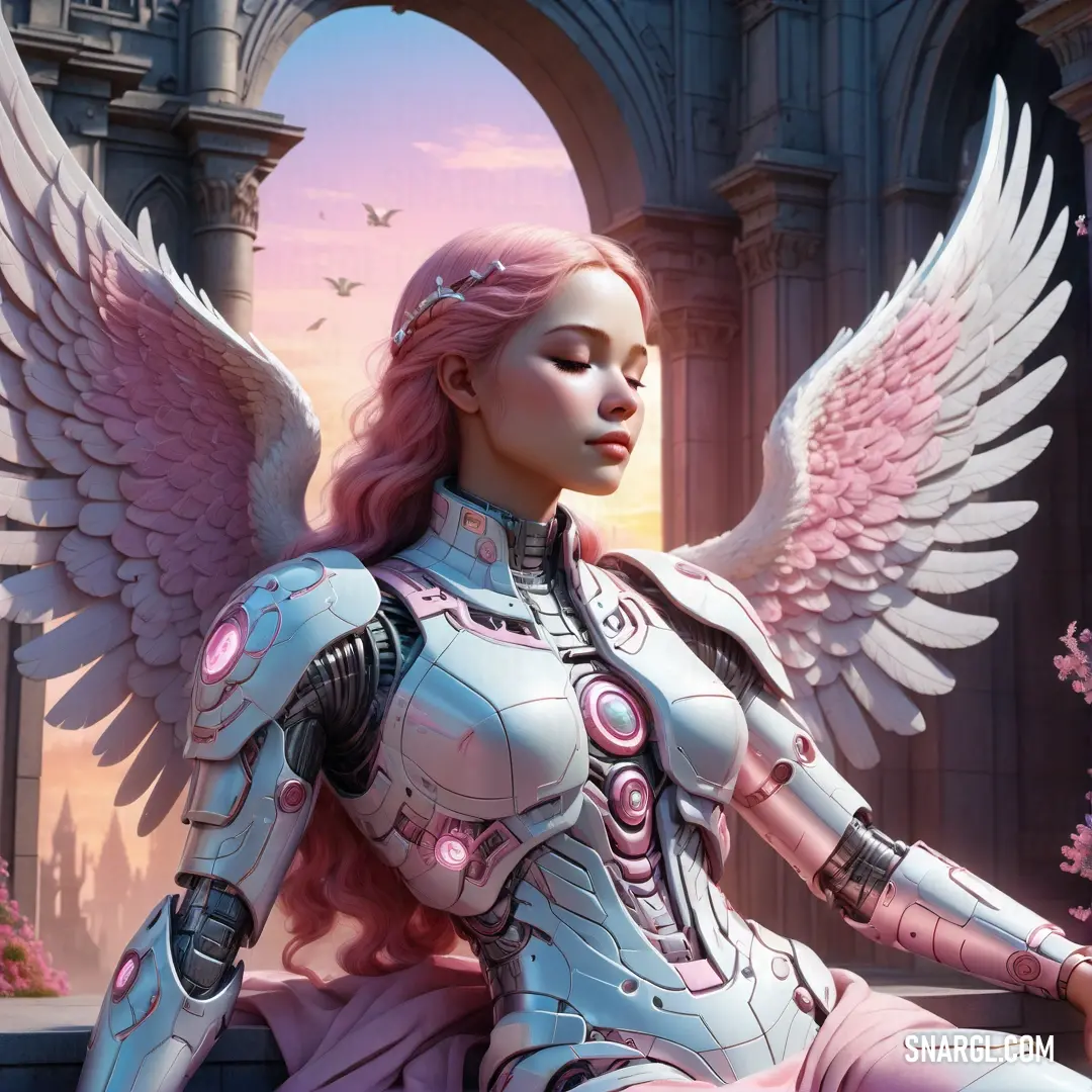Angel with pink hair and wings on a ledge with a sword in her hand and a castle in the background