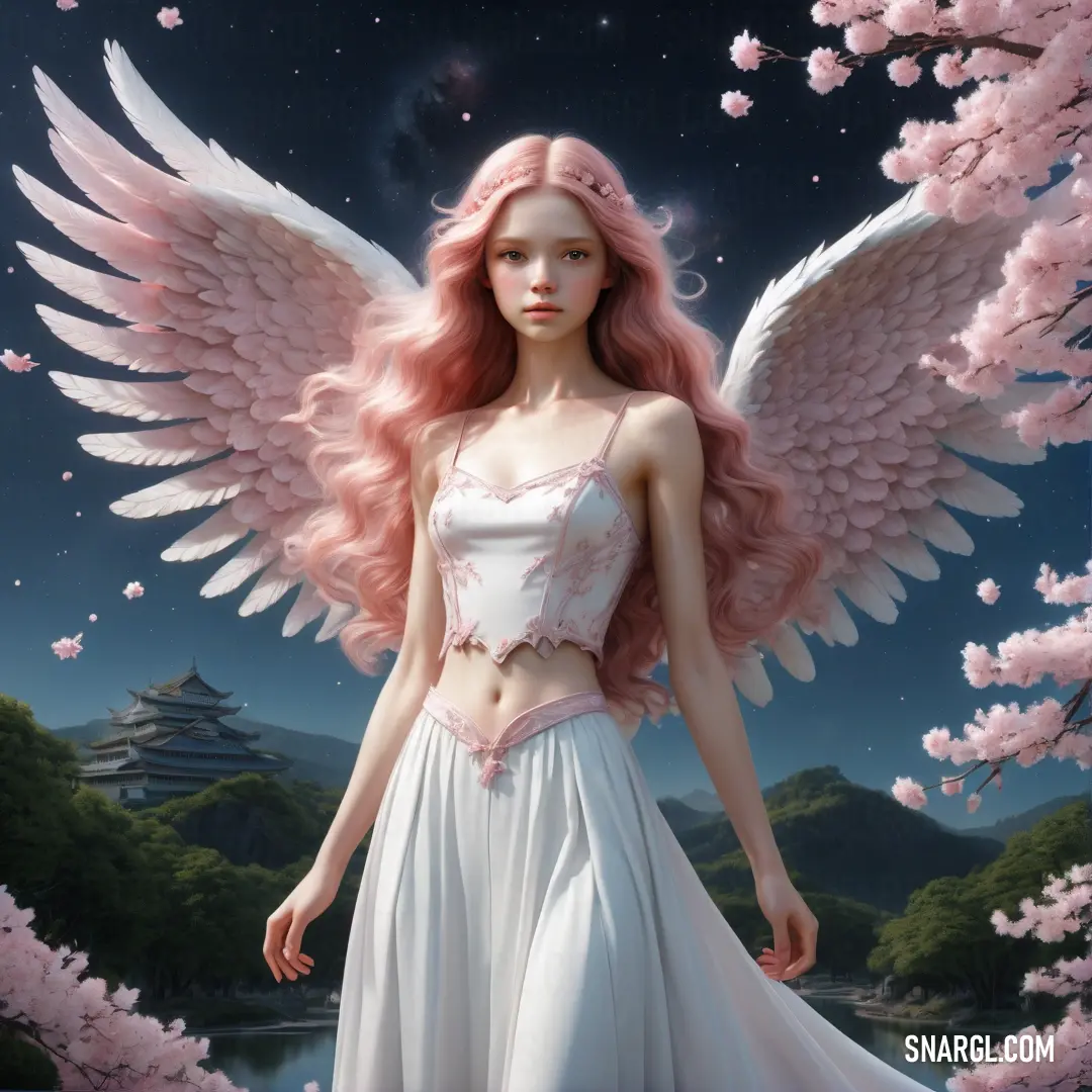 Angel with pink hair and wings standing in front of a tree with pink flowers and a castle in the background