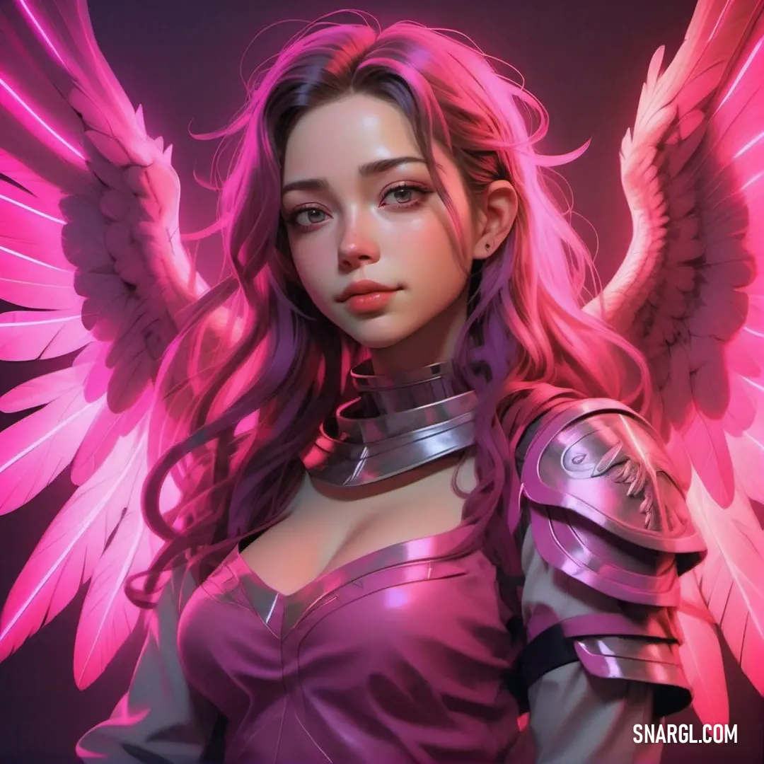 Angel with pink wings and a pink dress on her chest
