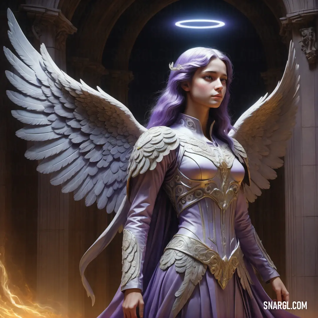Angel with purple hair and wings standing in a doorway with a halo above her head