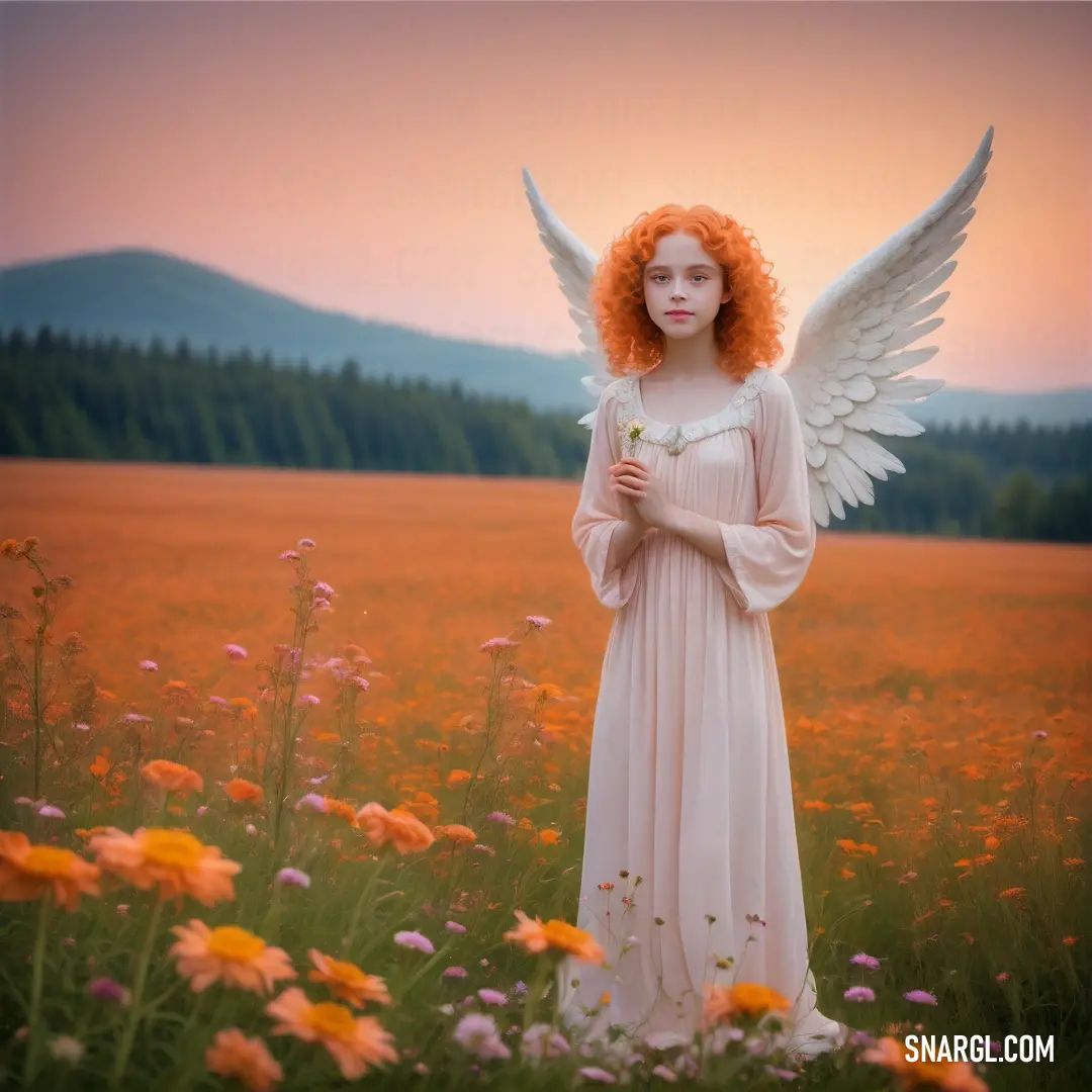 Angel with red hair and angel wings standing in a field of flowers with a sunset in the background