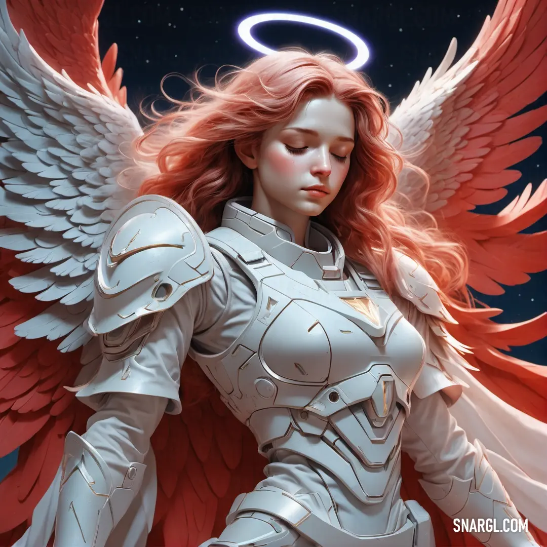 Angel with red hair and angel wings in a white suit with a halo above her head and a moon in the background